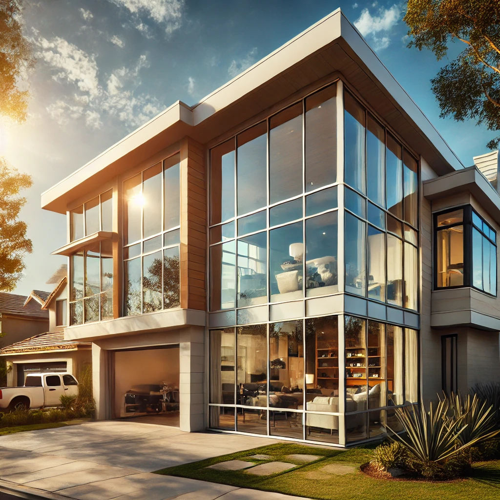 Modern suburban home with large, tinted windows reflecting the surrounding environment, showcasing the benefits of residential window tinting for UV protection, heat reduction, and enhanced privacy in Rancho Cucamonga.